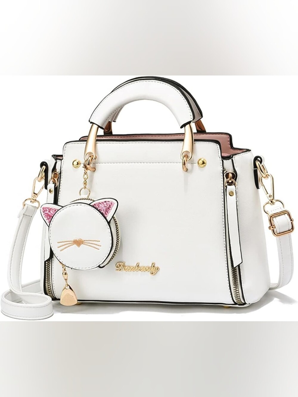 White Satchel Crossbody Bag with Cat Coin Purse Charm